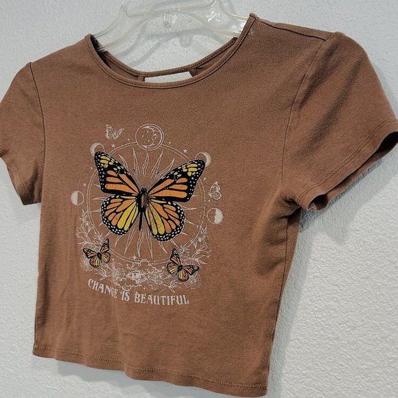 Home Girl Society Crop Top Lattice Back Butterfly CHANGE IS BEAUTIFUL Brown XS - Picture 6 of 7